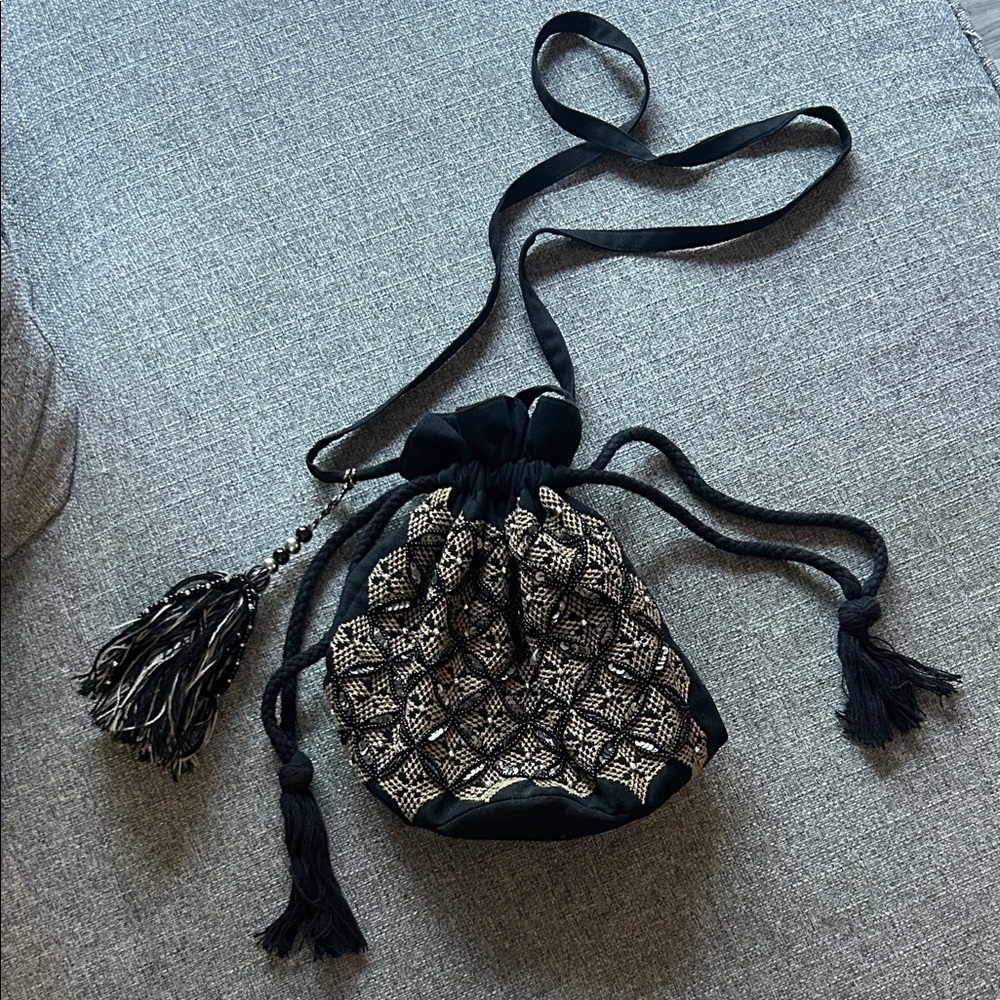 Embroidered & Beaded Boho Drawstring Crossbody Bag / Purse